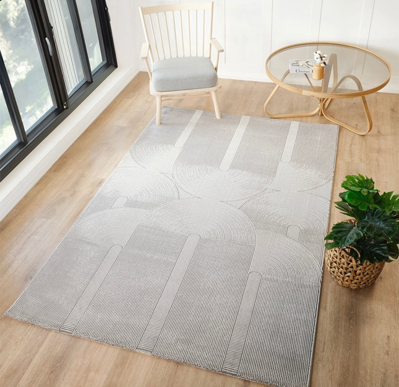 Tapis à motifs géométrique, poils courts, couleur gris- Pour salon et chambre- SIGNO 03