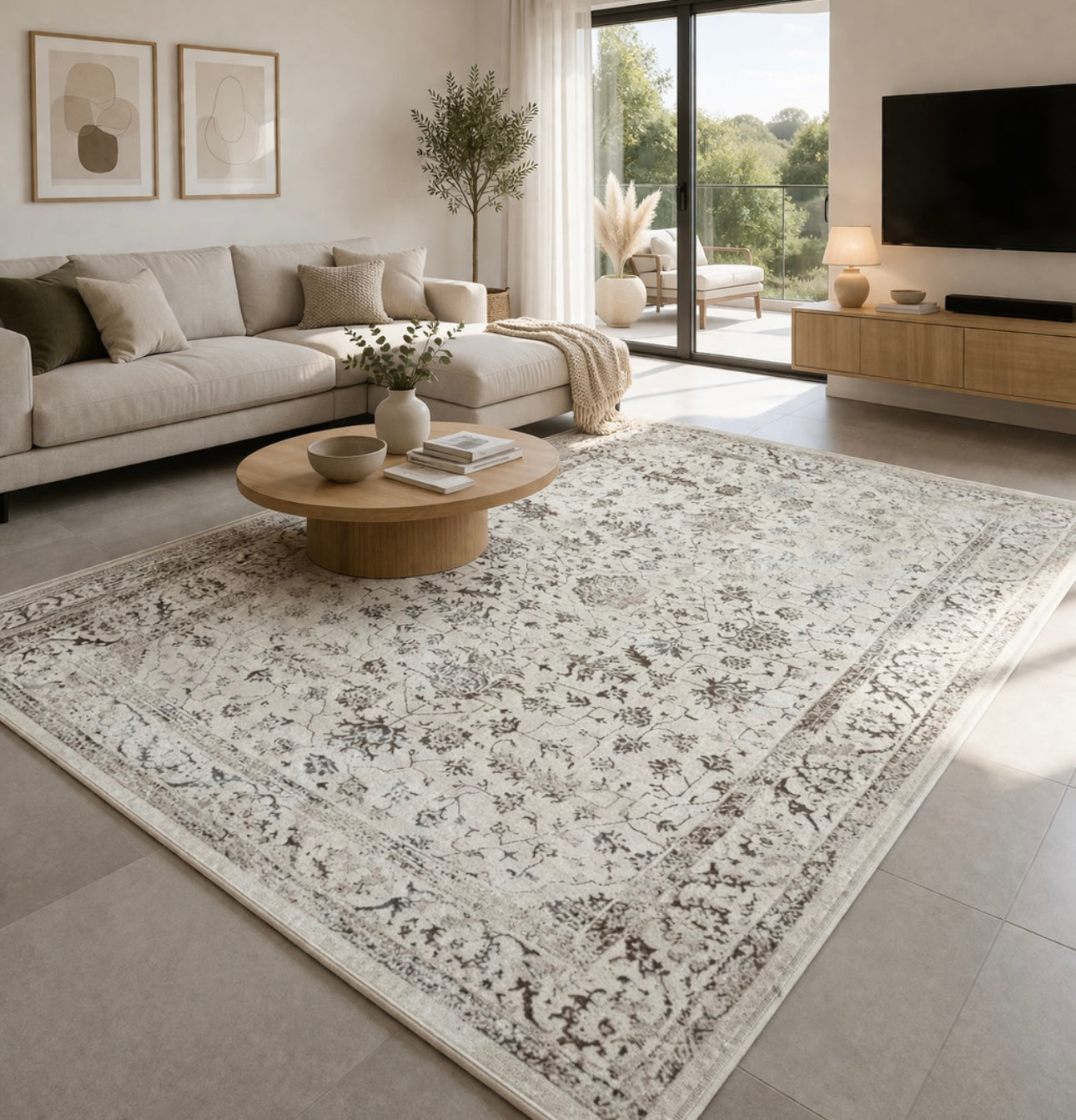 Tapis de salon modèle CREATION vintage crème avec motifs persans gris en relief 3D.