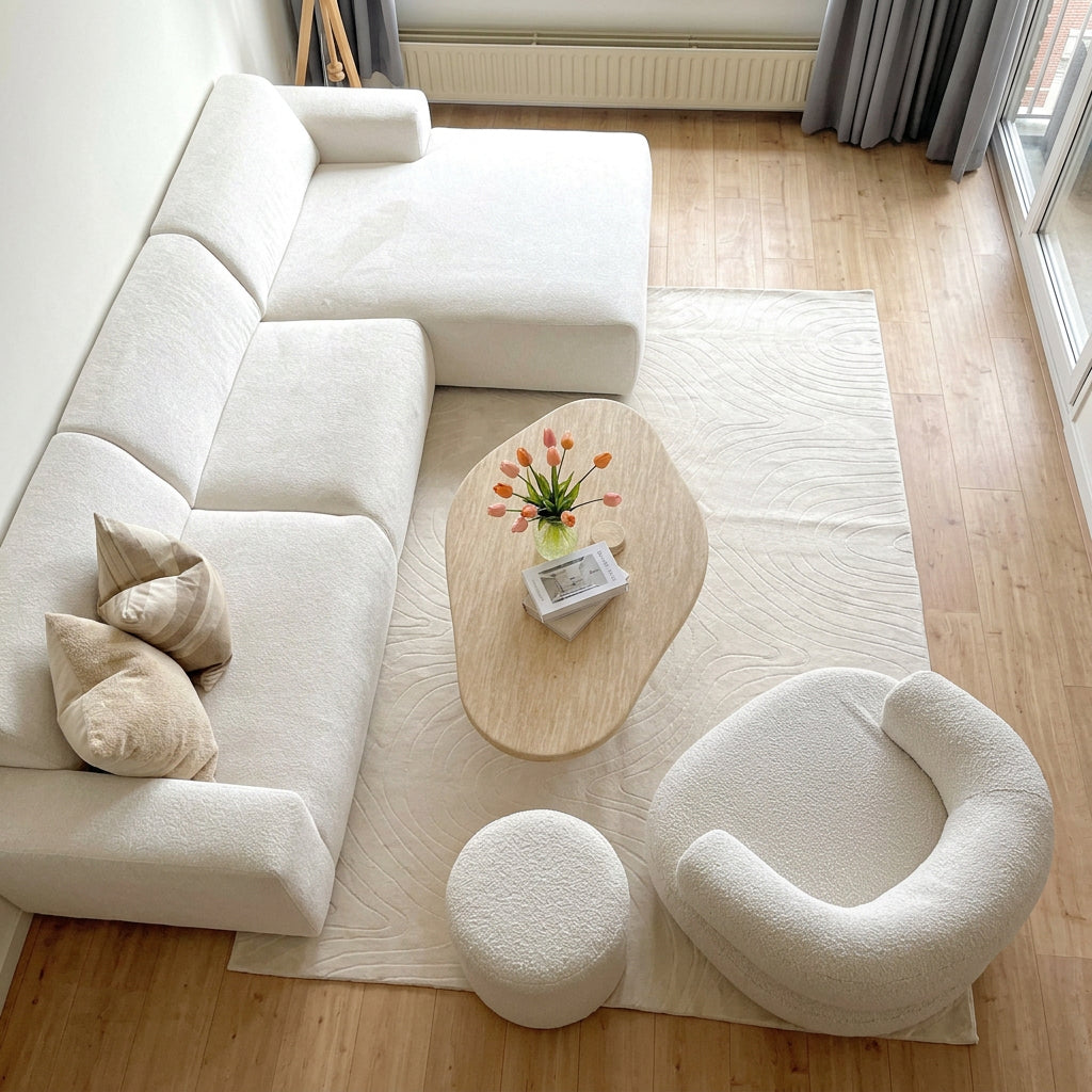 Tapis moderne STILO 01 crème avec motifs de vagues en relief dans un salon chic.