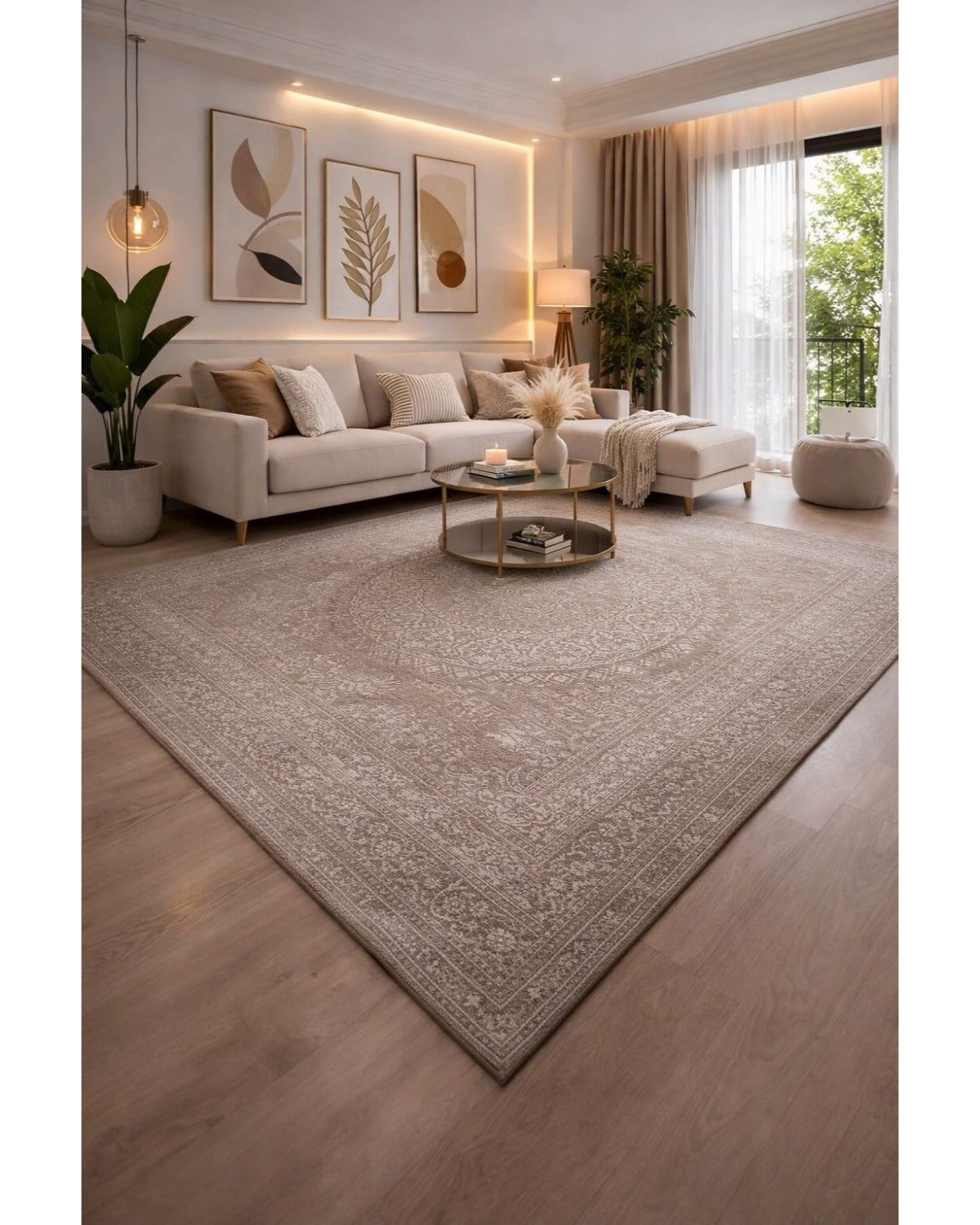 Tapis SIGNO 06 Taupe avec motifs traditionnels dans un salon contemporain chaleureux.
