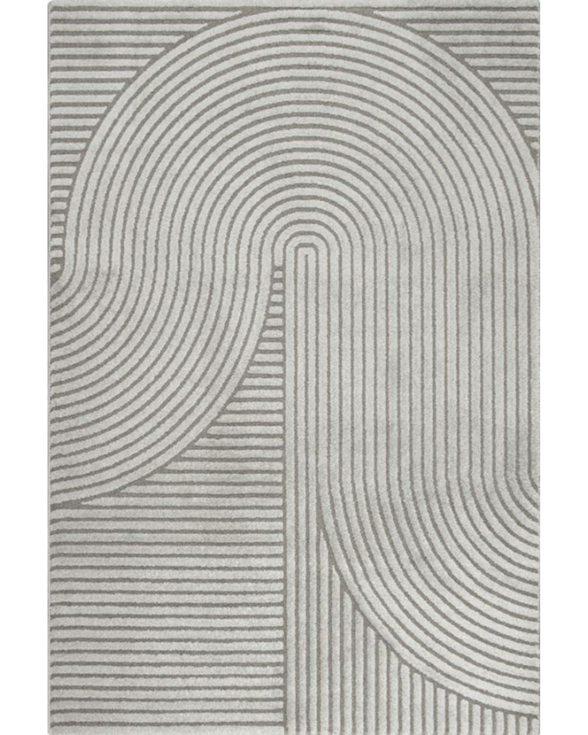 Tapis rectangulaire ELIO 51 gris à motifs arches sur fond blanc, design minimaliste et graphique.