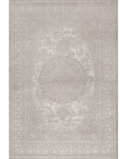 Tapis de luxe SIGNO 06 Taupe à motifs orientaux détaillés et rosace centrale sur fond beige.
