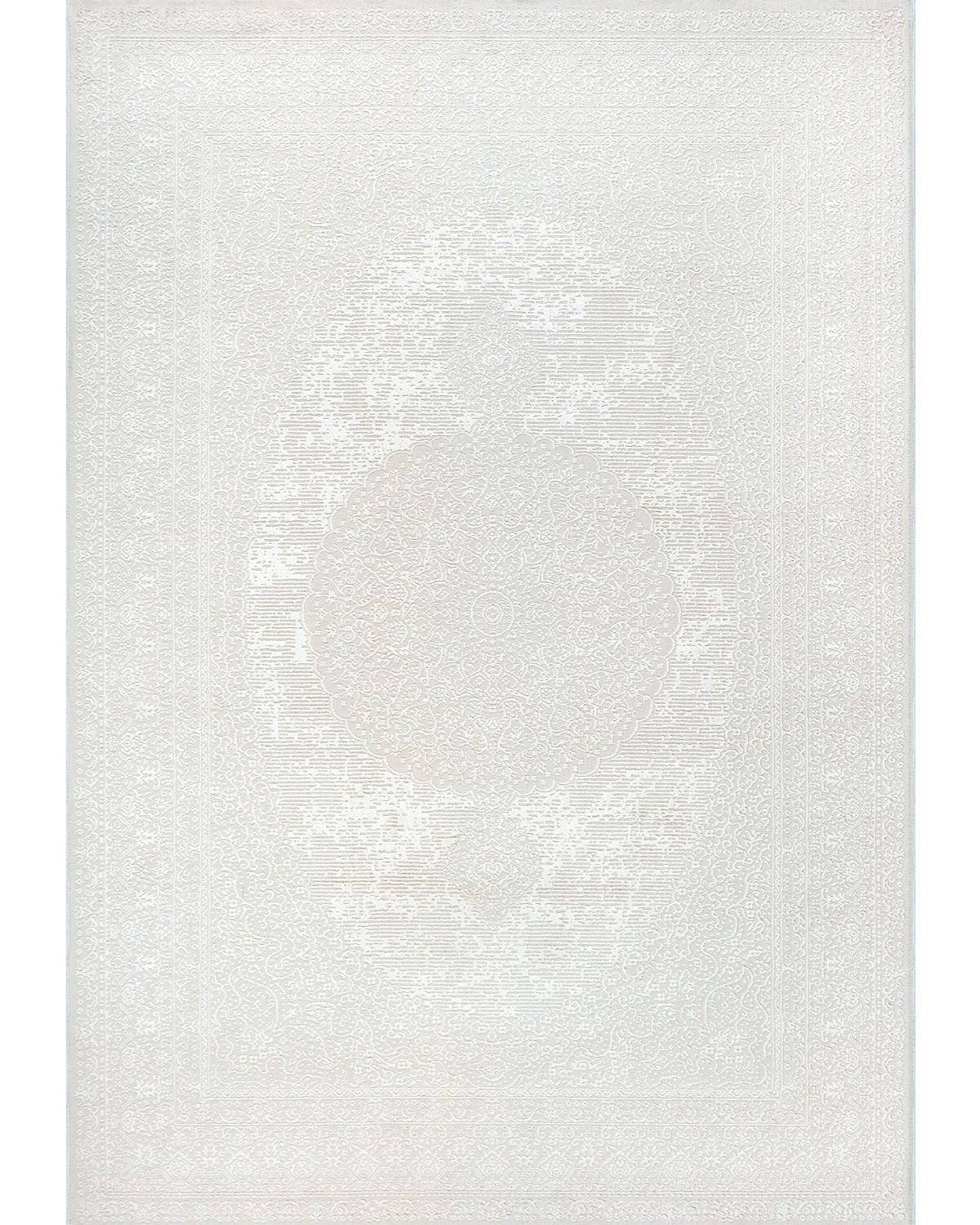 Vue aérienne du tapis SIGNO 06 crème avec motifs orientaux sculptés en relief 3D.
