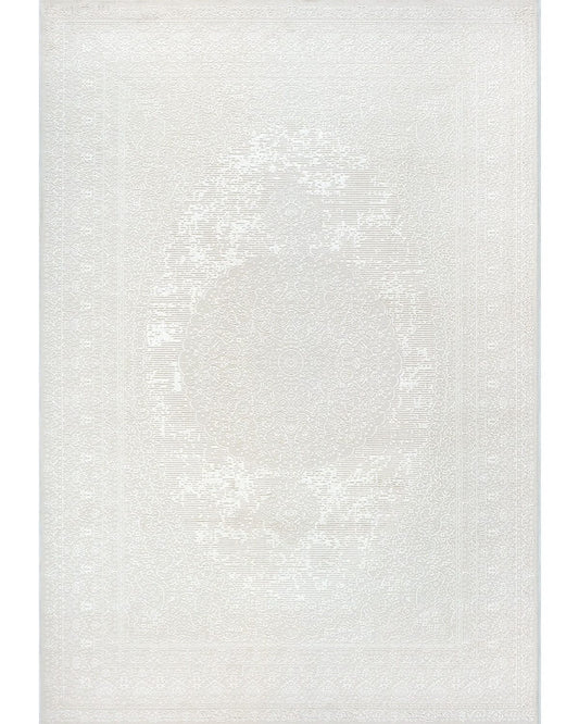 Vue aérienne du tapis SIGNO 06 crème avec motifs orientaux sculptés en relief 3D.