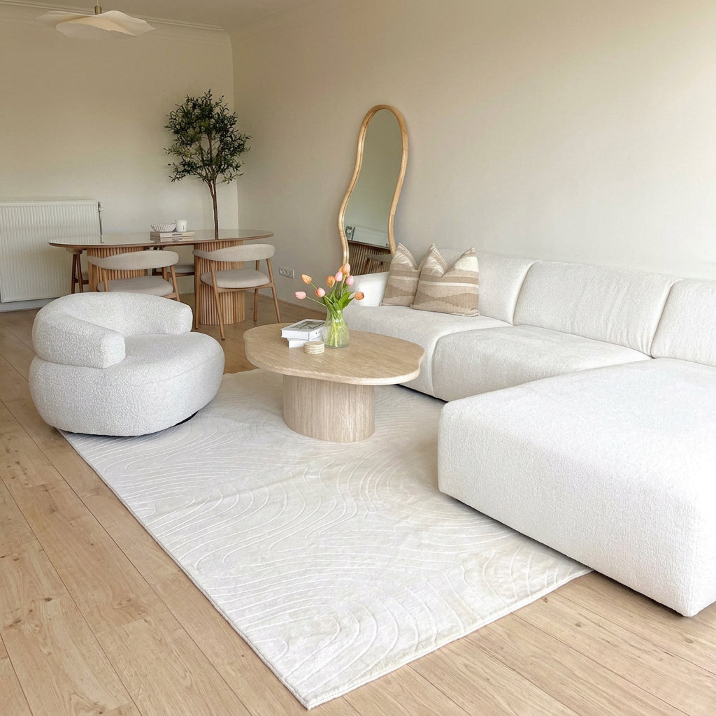 Décoration d'intérieur avec le tapis beige clair STILO 01 sous une table basse.