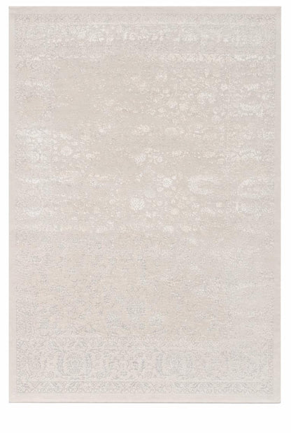 Vue d'ensemble du tapis CREATION vintage crème, motifs persans détaillés avec relief 3D sculpté sur fond blanc épuré.