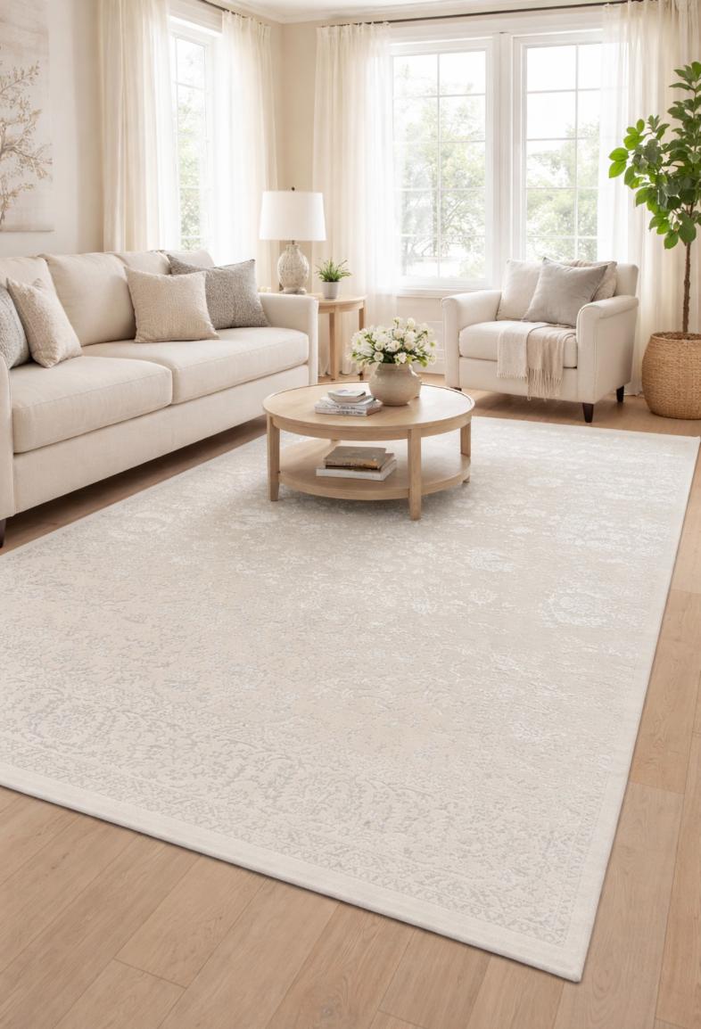 Mise en situation du tapis CREATION vintage crème dans un salon moderne avec canapé crème, montrant son rendu lumineux et élégant.